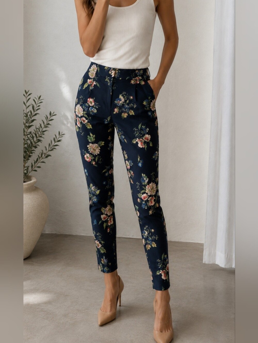 Dalia Navy Floral Print Pants with Pink and Green Blooms